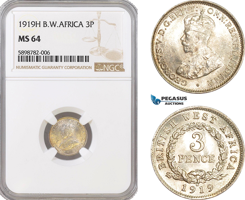 AF370, British West Africa, George V, Threepence (3p) 1919-H, Heaton, Silver, NGC MS64