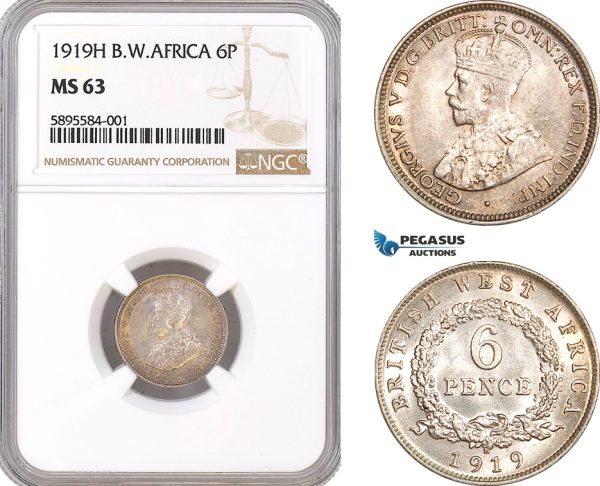 AF371-R, British West Africa, George V, Sixpence (6p) 1919-H, Heaton, Silver, NGC MS63