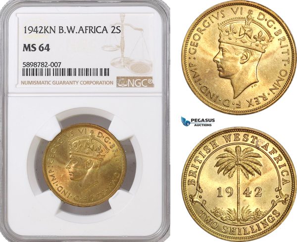 AF372, British West Africa, George VI, 2 Shillings 1942-KN, Kings Norton, NGC MS64, Pop 2/0