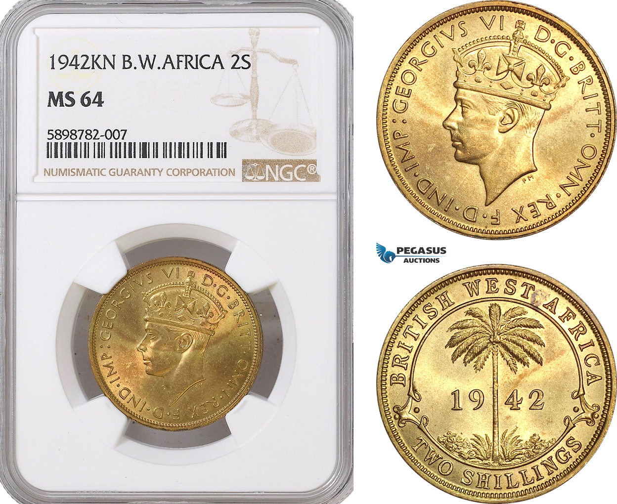 AF372, British West Africa, George VI, 2 Shillings 1942-KN, Kings Norton, NGC MS64, Pop 2/0
