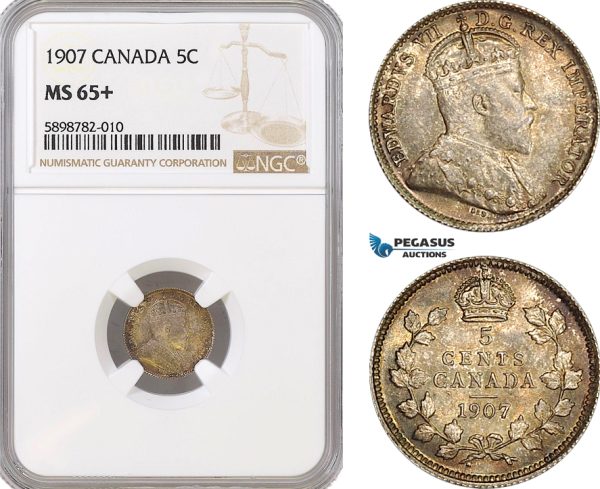 AF375, Canada, Edward VII, 5 Cents 1907, Silver, NGC MS65+, Pop 2/2