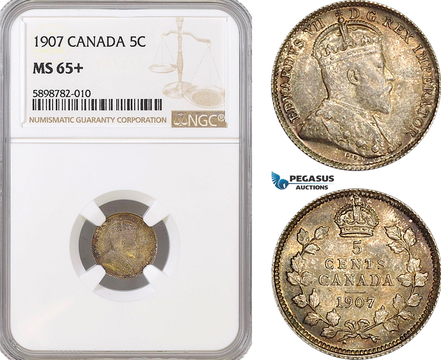 AF375, Canada, Edward VII, 5 Cents 1907, Silver, NGC MS65+, Pop 2/2