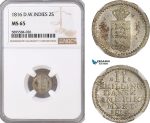 AF379-R, Danish West Indies, 2 Skilling 1816, Silver, NGC MS65, Pop 2/1, Rare!