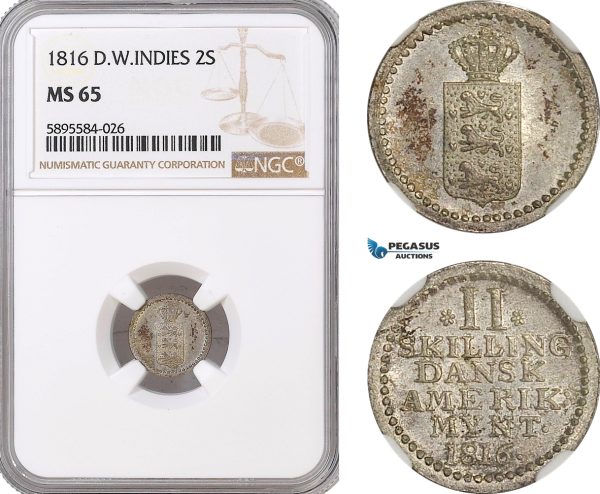 AF379-R, Danish West Indies, 2 Skilling 1816, Silver, NGC MS65, Pop 2/1, Rare!