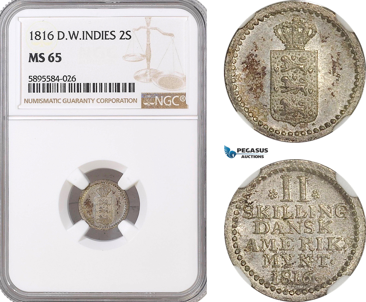 AF379-R, Danish West Indies, 2 Skilling 1816, Silver, NGC MS65, Pop 2/1, Rare!