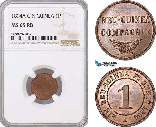 AF387, German New Guinea, 1 Pfennig 1894-A, Berlin, NGC MS65