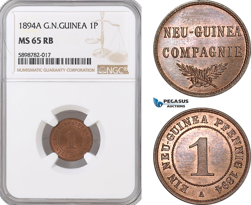 AF387, German New Guinea, 1 Pfennig 1894-A, Berlin, NGC MS65