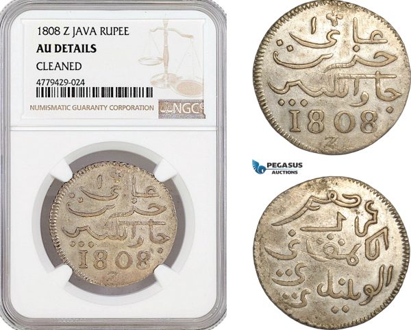 AF398, Netherlands East Indies, Java, Rupee 1808 Z, Silver, NGC AU Det.