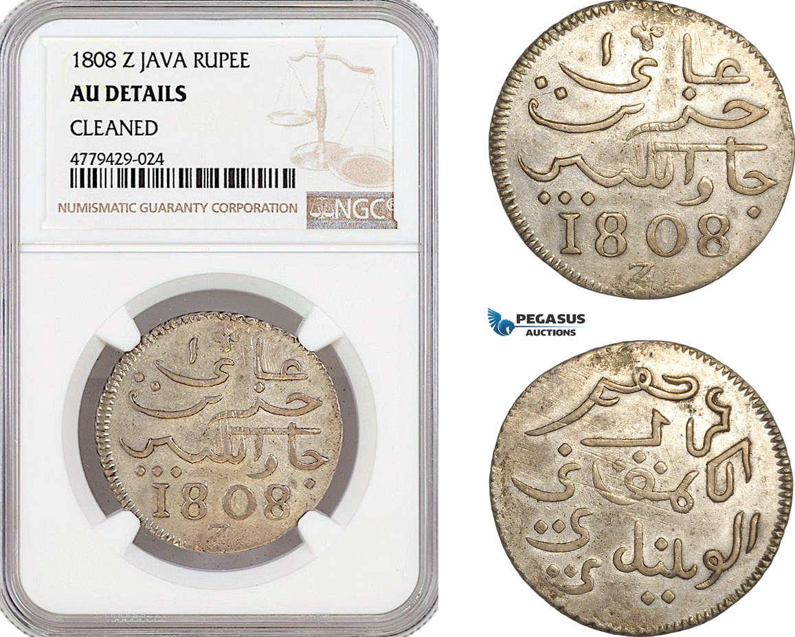 AF398, Netherlands East Indies, Java, Rupee 1808 Z, Silver, NGC AU Det.