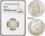 AF409-R, Russia, Soviet, 20 Kopeks 1923, Leningrad, Silver, NGC MS65