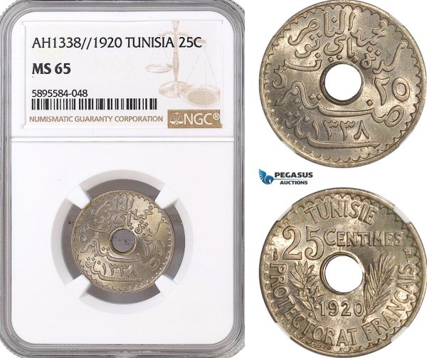 AF418-R, Tunisia, French Protectorate, 25 Centimes AH1338 / 1920, Paris, NGC MS65