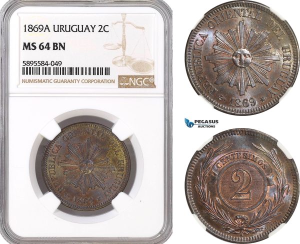 AF420-R, Uruguay, 2 Centesimos 1869-A, Paris, NGC MS64BN
