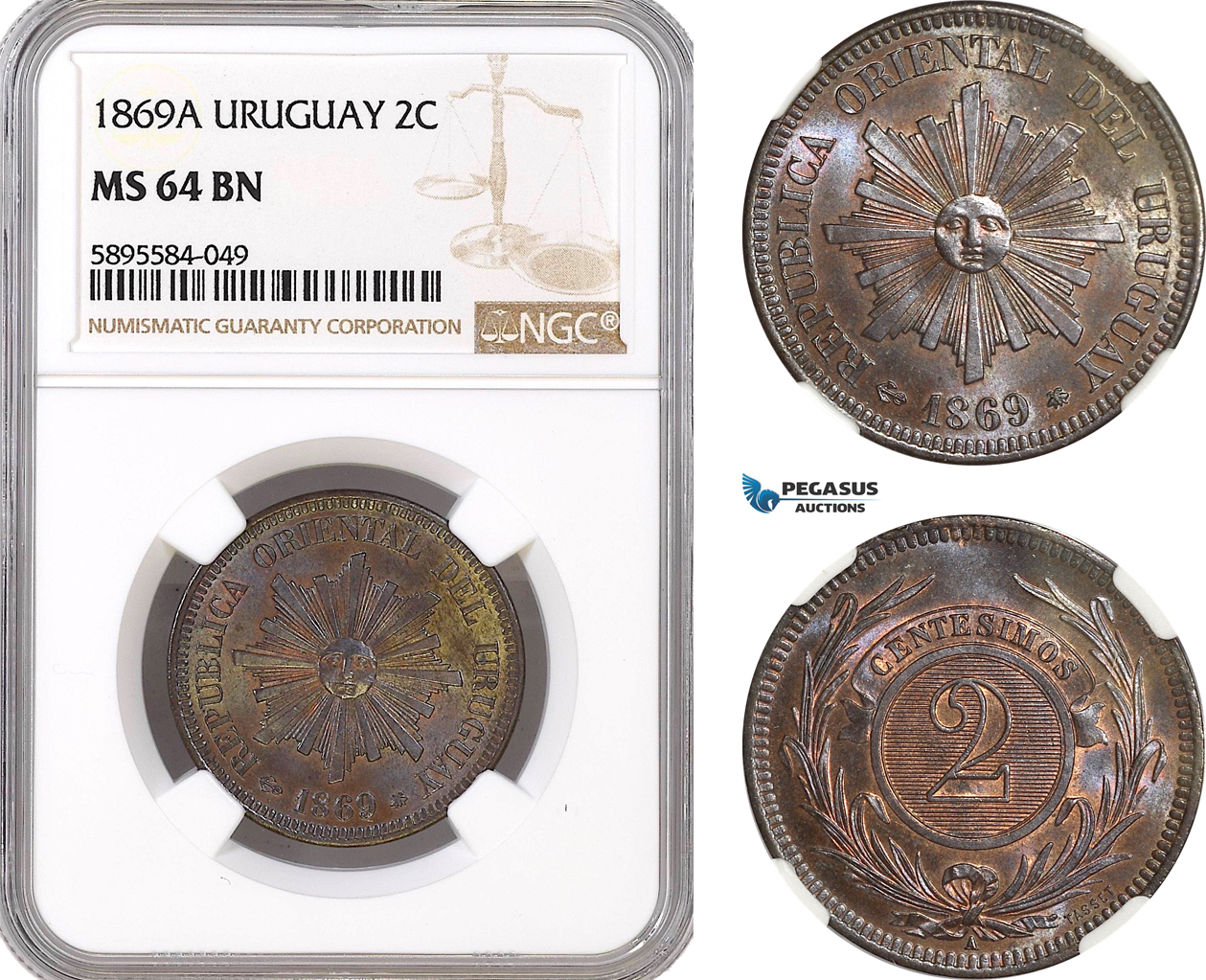 AF420-R, Uruguay, 2 Centesimos 1869-A, Paris, NGC MS64BN