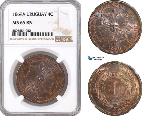 AF421-R, Uruguay, 4 Centesimos 1869-A, Paris, NGC MS65BN