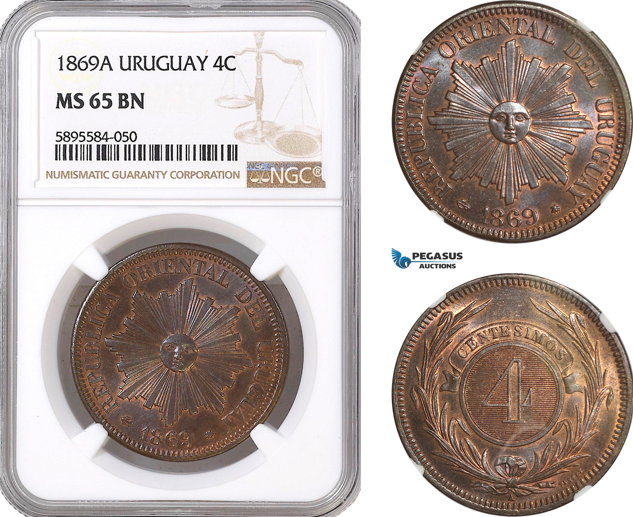 AF421-R, Uruguay, 4 Centesimos 1869-A, Paris, NGC MS65BN