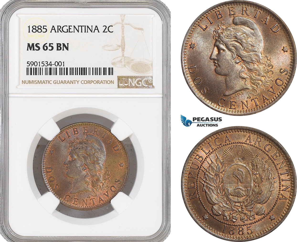AF422, Argentina, 2 Centavos 1885, NGC MS65BN