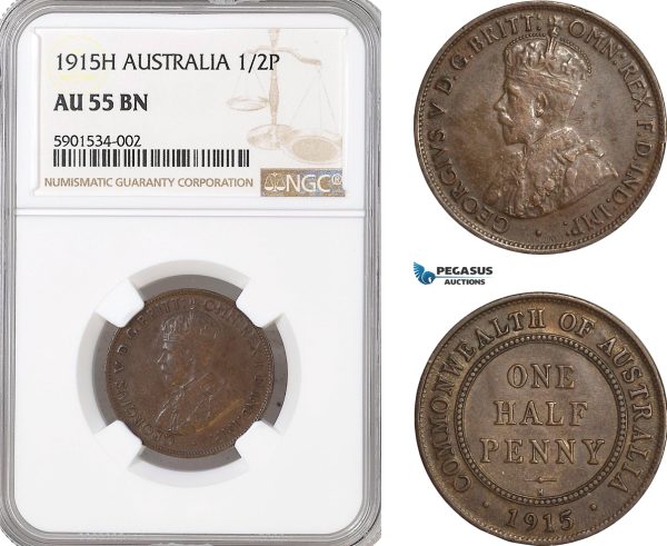 AF423, Australia, George V, Halfpenny (1/2p) 1915-H, Heaton, NGC AU55BN