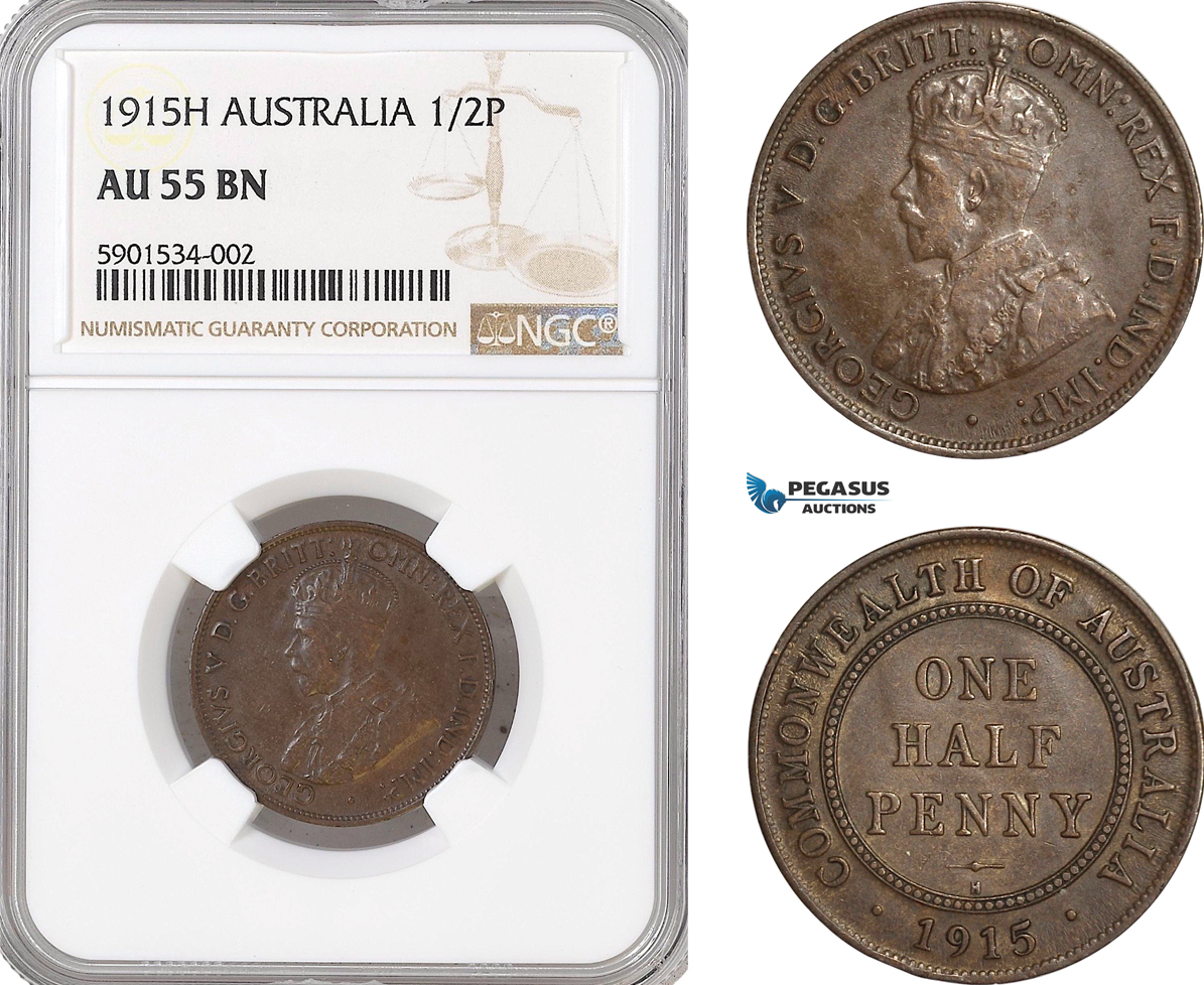 AF423, Australia, George V, Halfpenny (1/2p) 1915-H, Heaton, NGC AU55BN