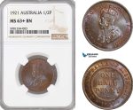 AF424, Australia, George V, Halfpenny (1/2p) 1921, NGC MS63+BN