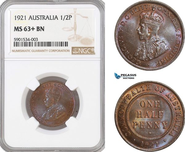 AF424, Australia, George V, Halfpenny (1/2p) 1921, NGC MS63+BN