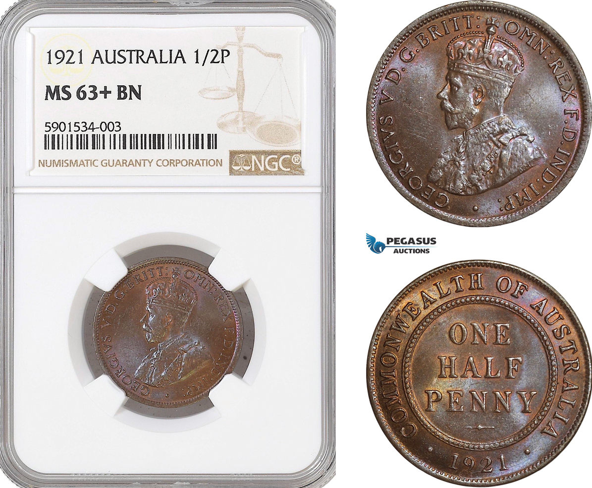 AF424, Australia, George V, Halfpenny (1/2p) 1921, NGC MS63+BN