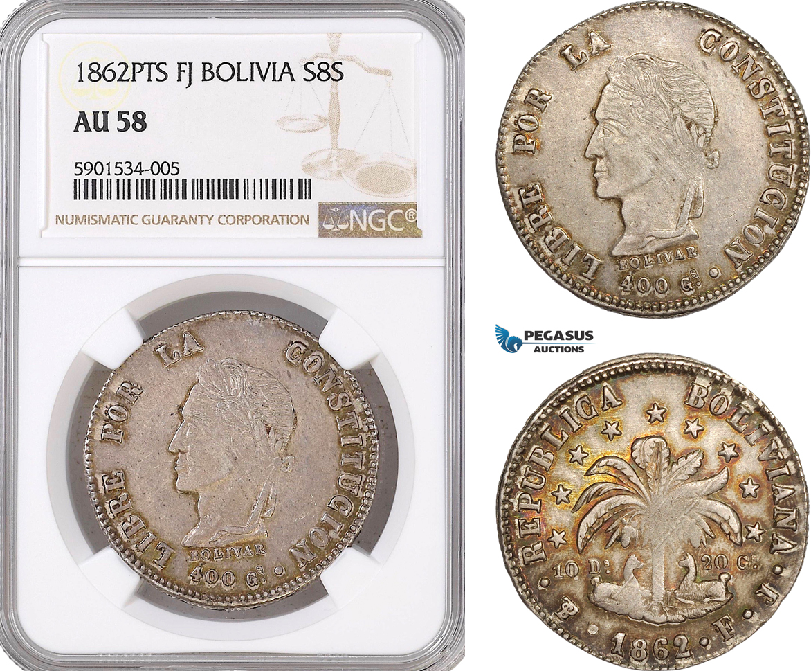 AF426, Bolivia, 8 Soles 1862 PTS FJ, Potosi, Silver, NGC AU58