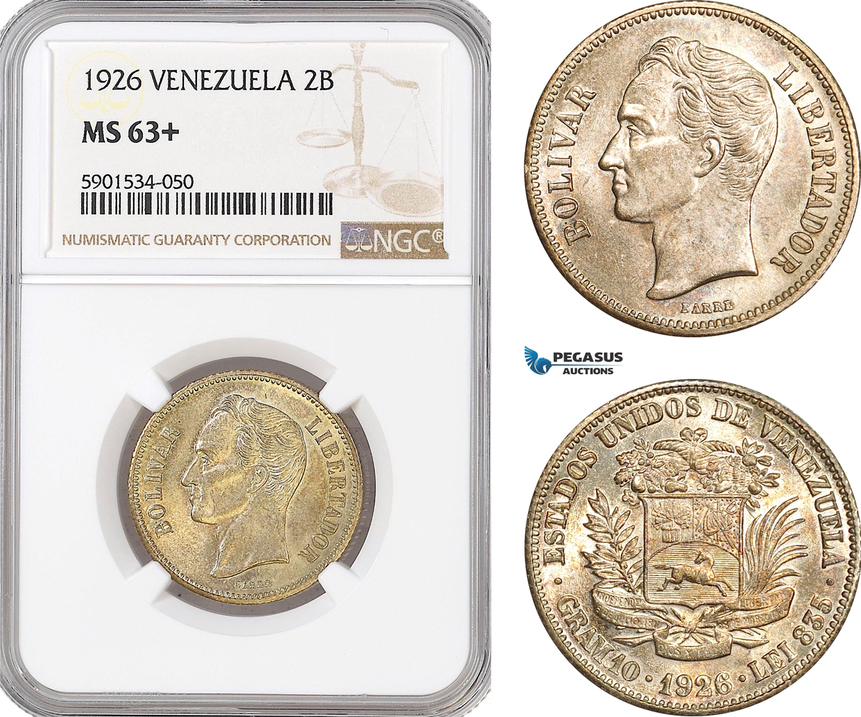AF459, Venezuela, 2 Bolivares 1926, Philadelphia, Silver, NGC MS63+, Pop 1/1, Rare Grade!