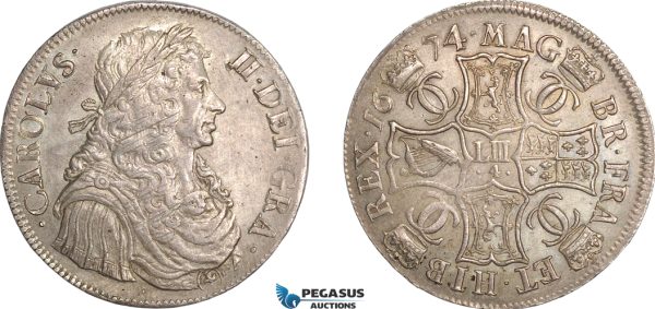 AF463, Scotland, Charles II, First coinage, 4 Merks 1674, type III, Edinburgh, Silver, S.5606, aUNC, Adjusment marks, Very Rare!