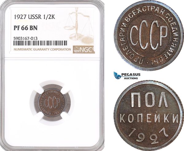 AF476, Russia, USSR, 1/2 Kopek 1927, Leningrad, NGC PF66BN, Pop 1/0, Extremely Rare!