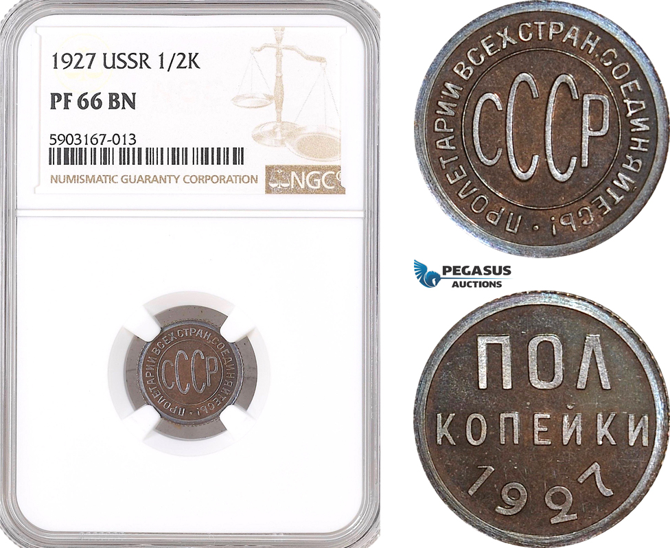 AF476, Russia, USSR, 1/2 Kopek 1927, Leningrad, NGC PF66BN, Pop 1/0, Extremely Rare!