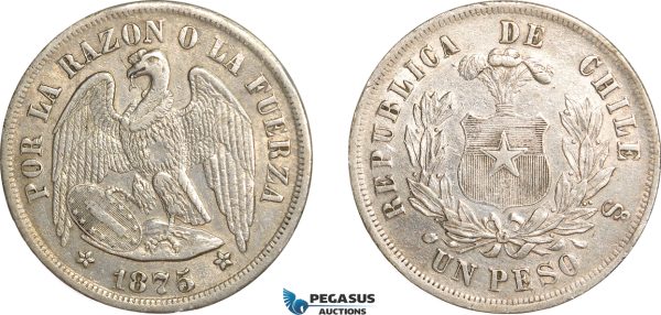 AF494, Chile, Peso 1875 So, Santiago, Silver, Cleaned XF-AU