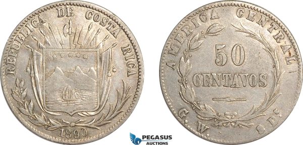 AF497, Costa Rica, 50 Centavos 1890 GW, Silver, aXF