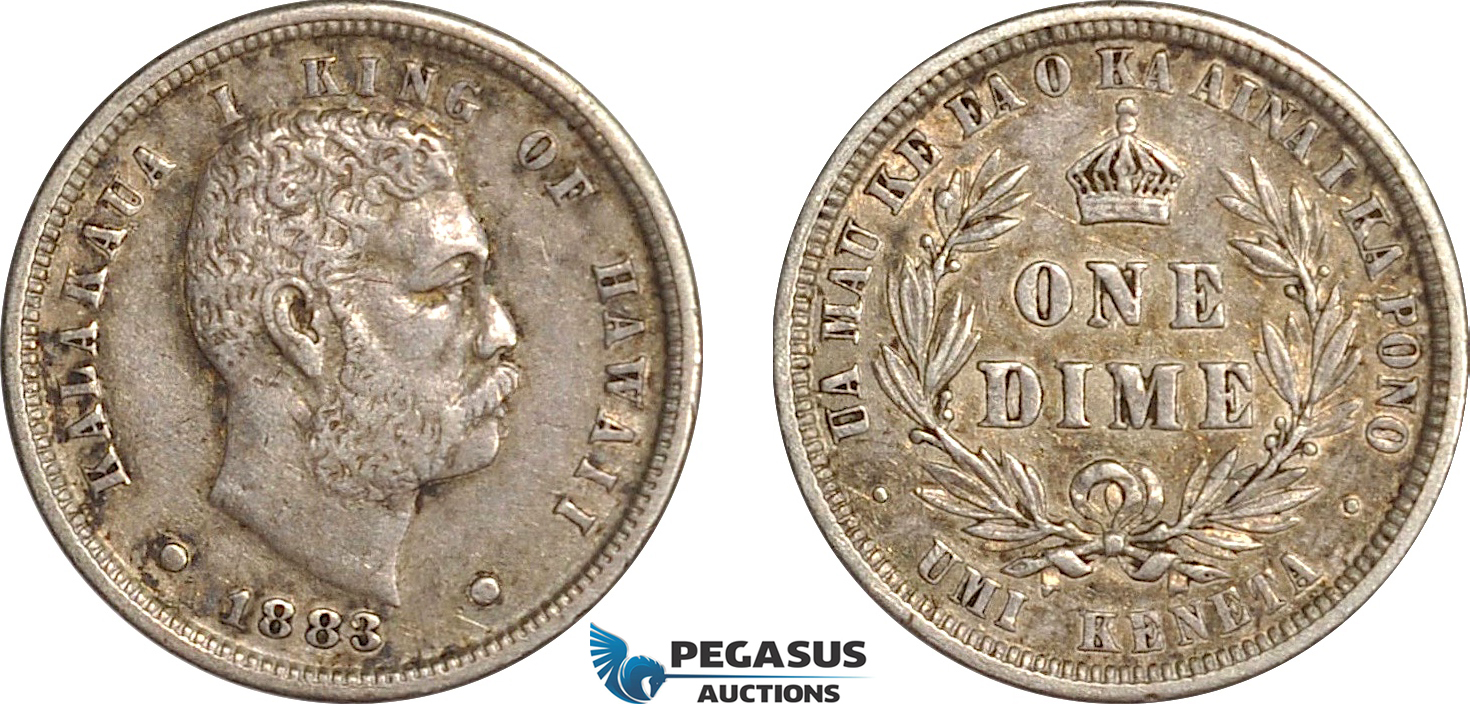 AF505, Hawaii, Kalakaua I, Dime (10c) 1883, Silver, Toned aXF