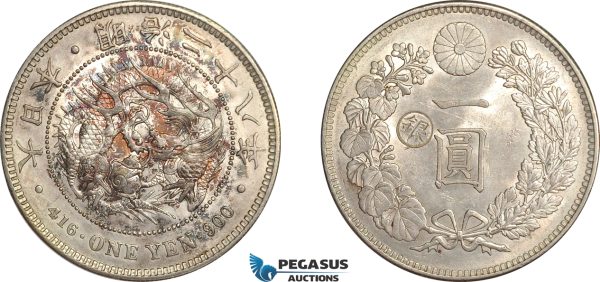 AF512, Japan, Meiji, Yen Yr. 28 (1895) Silver, Gin C/S right side, Cleaned aUNC