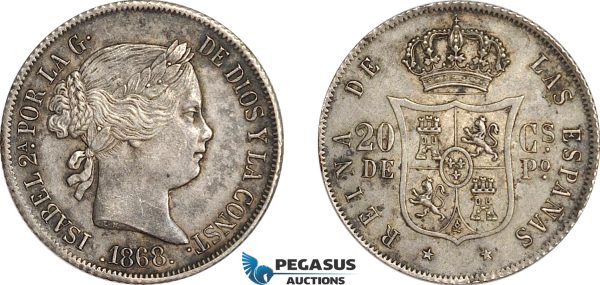 AF526, Philippines, Spanish Administration, Isabel II, 20 Centimos 1868, Silver, Toned AU
