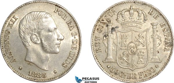 AF527, Philippines, Spanish Administration, Alfonso XII, 50 Centimos 1885, Silver, AU