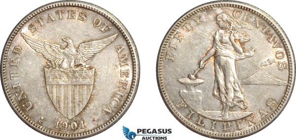 AF528, Philippines, US Administration, 50 Centavos 1904-S, San Francisco, Silver, Cleaned AU