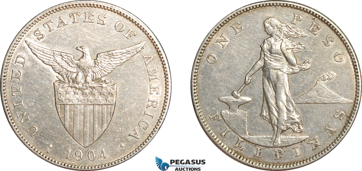 AF529, Philippines, US Administration, Peso 1904-S, San Francisco, Silver, Cleaned AU