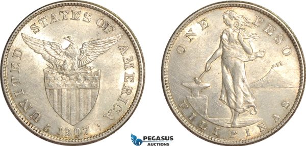 AF530, Philippines, US Administration, Peso 1907-S, San Francisco, Silver, Cleaned AU