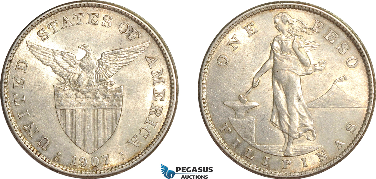 AF530, Philippines, US Administration, Peso 1907-S, San Francisco, Silver, Cleaned AU