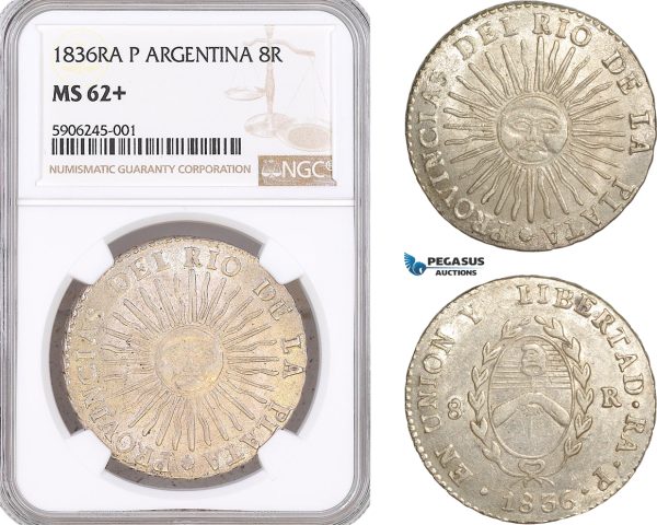 AF545, Argentina, Rio de la Plata, 8 Reales 1836 RA P, La Rioja, Silver, NGC MS62+