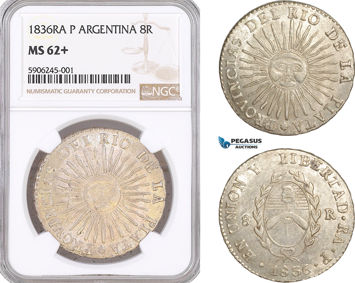 AF545, Argentina, Rio de la Plata, 8 Reales 1836 RA P, La Rioja, Silver, NGC MS62+