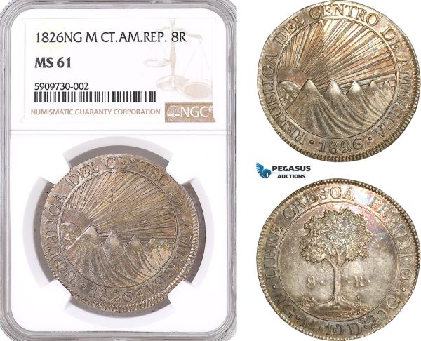 AF556, Central American Republic, Guatemala, 8 Reales 1826 NG M, Nueva Guatemala, Silver, NGC MS61, Top Pop!