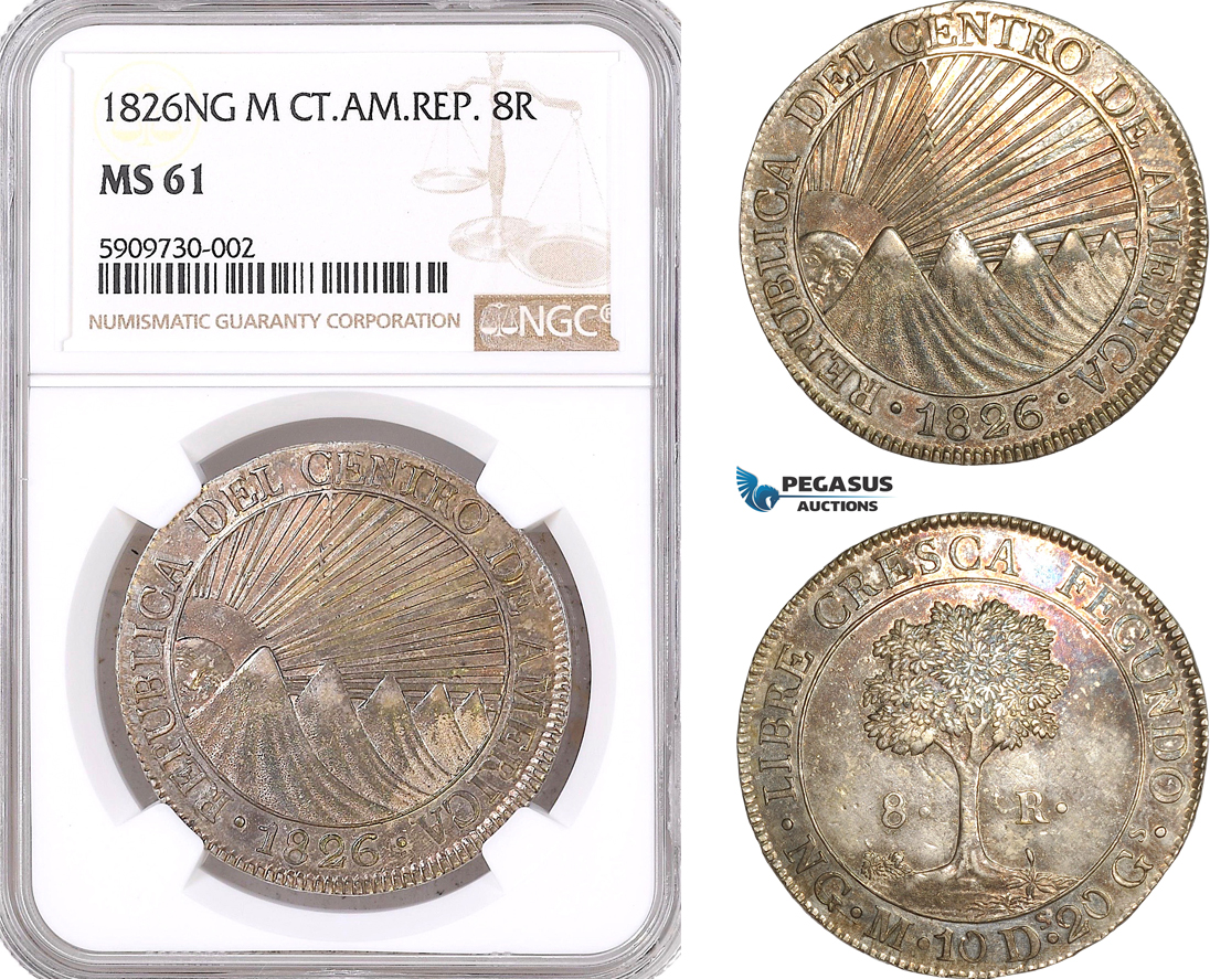 AF556, Central American Republic, Guatemala, 8 Reales 1826 NG M, Nueva Guatemala, Silver, NGC MS61, Top Pop!