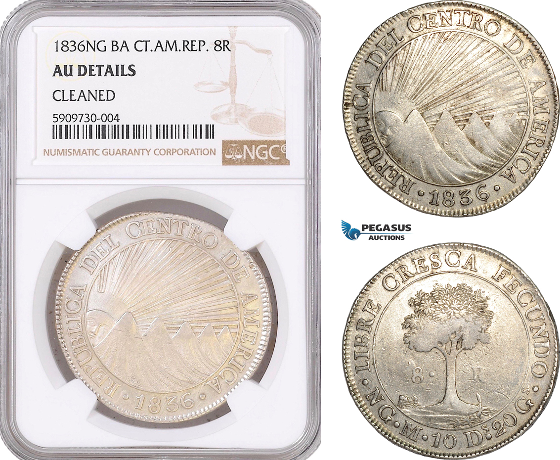 AF557, Central American Republic, Guatemala, 8 Reales 1836 NG BA, Nueva Guatemala, Silver, NGC AU Det.