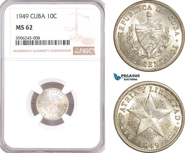 AF558, Cuba, 10 Centavos 1949, Philadelphia, Silver, NGC MS62