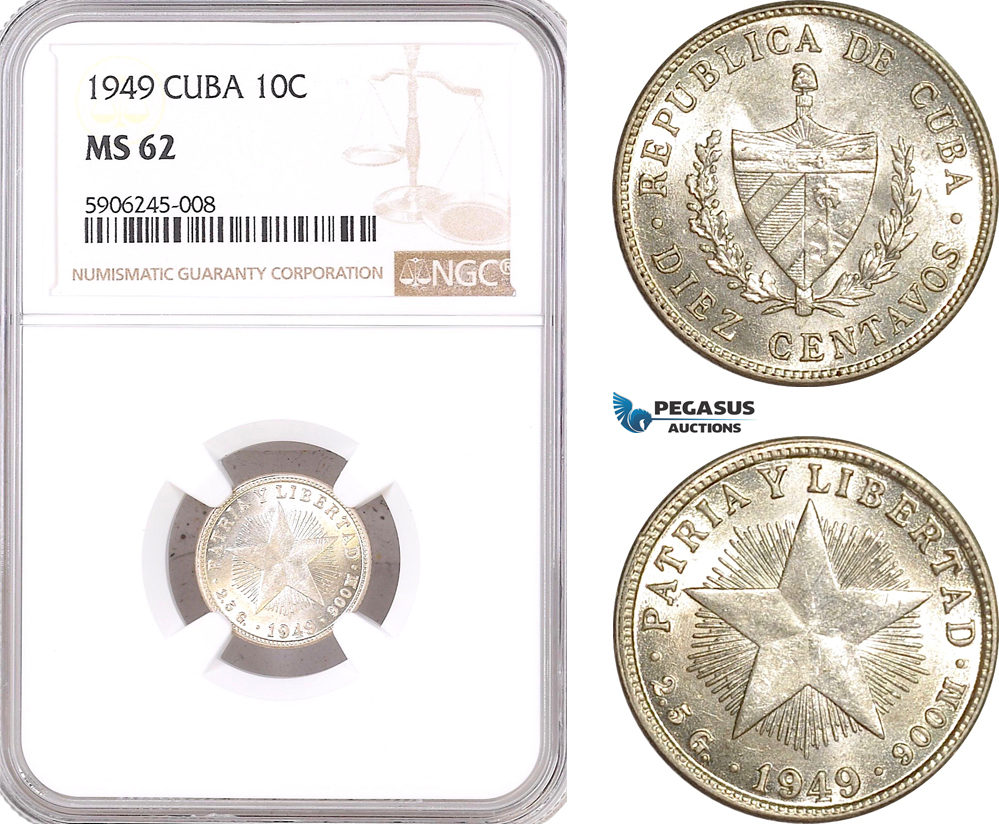 AF558, Cuba, 10 Centavos 1949, Philadelphia, Silver, NGC MS62