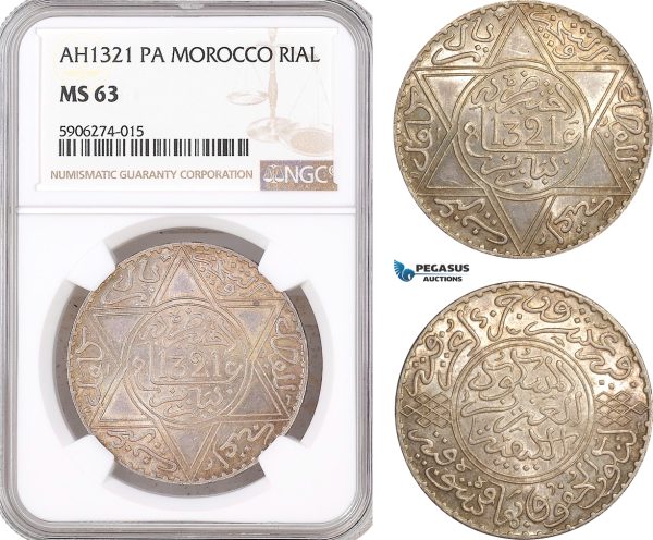 AF581, Morocco, Abd al-Aziz, 1 Rial AH1321-Pa, Paris, Silver, NGC MS63