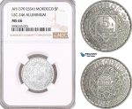 AF582, Morocco, Mohammed V, Essai 5 Francs AH1370, Lec-246 Aluminum, NGC MS66