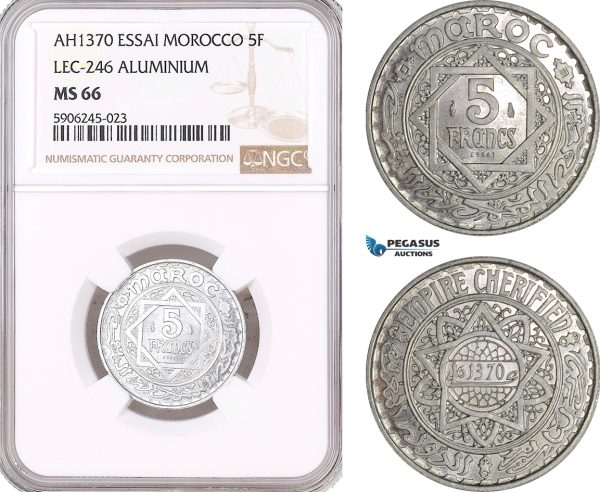 AF582, Morocco, Mohammed V, Essai 5 Francs AH1370, Lec-246 Aluminum, NGC MS66
